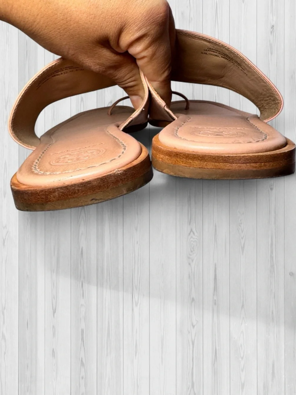 Tory Burch Nude Rose Leather Cutout Logo Toe-Ring Sandals.